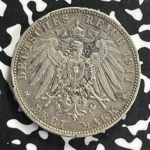 1911-D Germany Bavaria 3 Mark Lot#C0164 Silver! Rim Nicks
