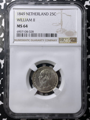 1849 Netherlands 25 Cents NGC MS64 Lot#G9058 Silver! Choice UNC!