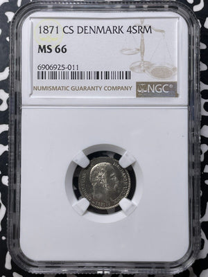 1871-CS Denmark 4 Skilling Rigsmont NGC MS66 Lot#G8932 Gem BU!