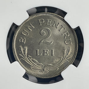 1924-(Brussels) Romania 2 Lei NGC MS64 Lot#G829 Choice UNC! No Privy Marks