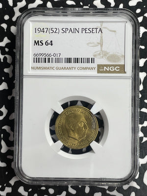 1947 (52) Spain 1 Peseta NGC MS64 Lot#G831 Choice UNC!