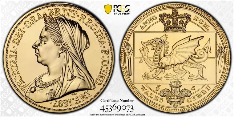 "1897" G.B. Wales Victoria Retro Fantasy 5 Shillings PCGS PR68 Lot#G1833 Gem BU!