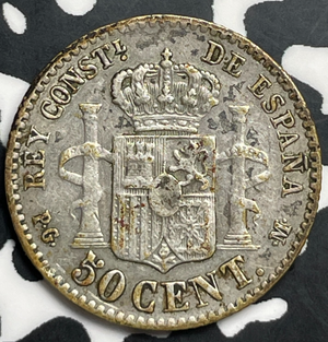 1892 Spain 50 Centimos Lot#T9855 Silver!