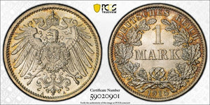 1915-A Germany 1 Mark PCGS MS67 Lot#G1082 Silver! Gem BU! J-17