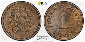 1876-A Germany 1 Pfennig PCGS MS63BN Lot#G880 Choice UNC!