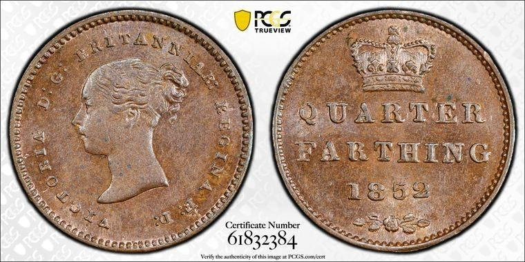 1852 Great Britain Victoria 1/4 Farthing PCGS MS63BN Lot#G3449 Choice UNC!