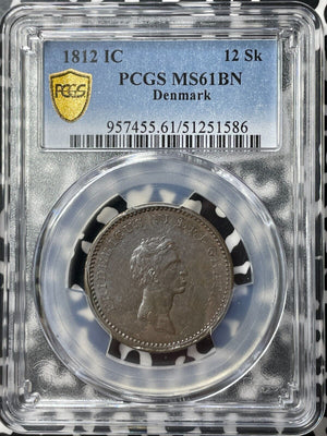 1812-IC Denmark 12 Skilling Overstruck On 1 Skilling PCGS MS61BN Lot#G9175