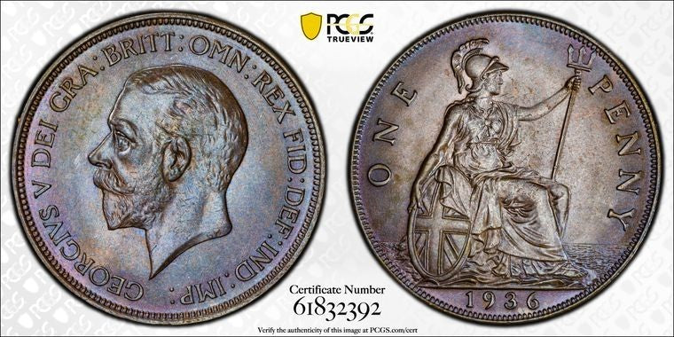 1936 Great Britain 1 Penny PCGS MS65BN Lot#G3416 Gem BU! S-4055