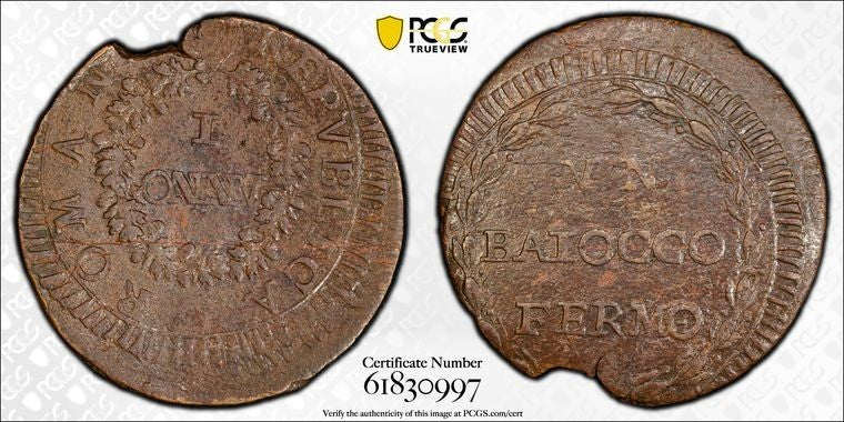 AN 1 (1798) Italy Roman Republic Fermo 1 Baiocco PCGS AU58 Lot#G3493 Very Scarce