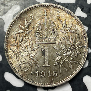 1916 Austria 1 Corona Lot#E6527 Silver! High Grade! Beautiful!