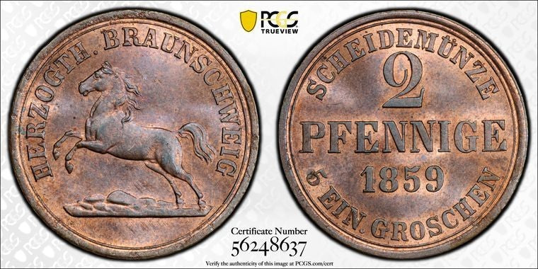 1859 Germany Brunswick-Wolfenbuttel 2 Pfennig PCGS MS65RB Lot#G2203 Top Graded!