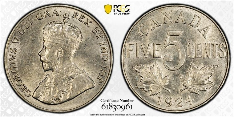 1924 Canada 5 Cents PCGS MS63 Lot#G3540 Choice UNC!