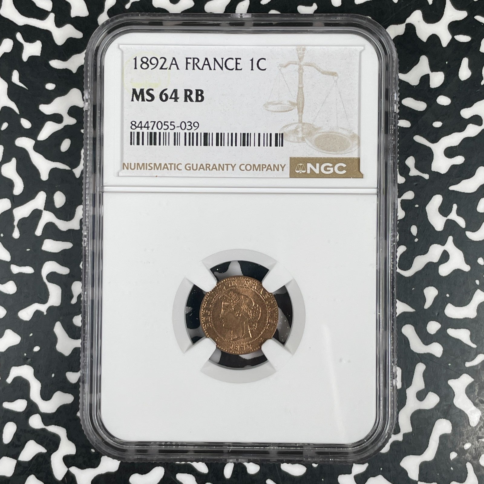 1892-A France 1 Centime NGC MS64RB Lot#G3604 Choice UNC!