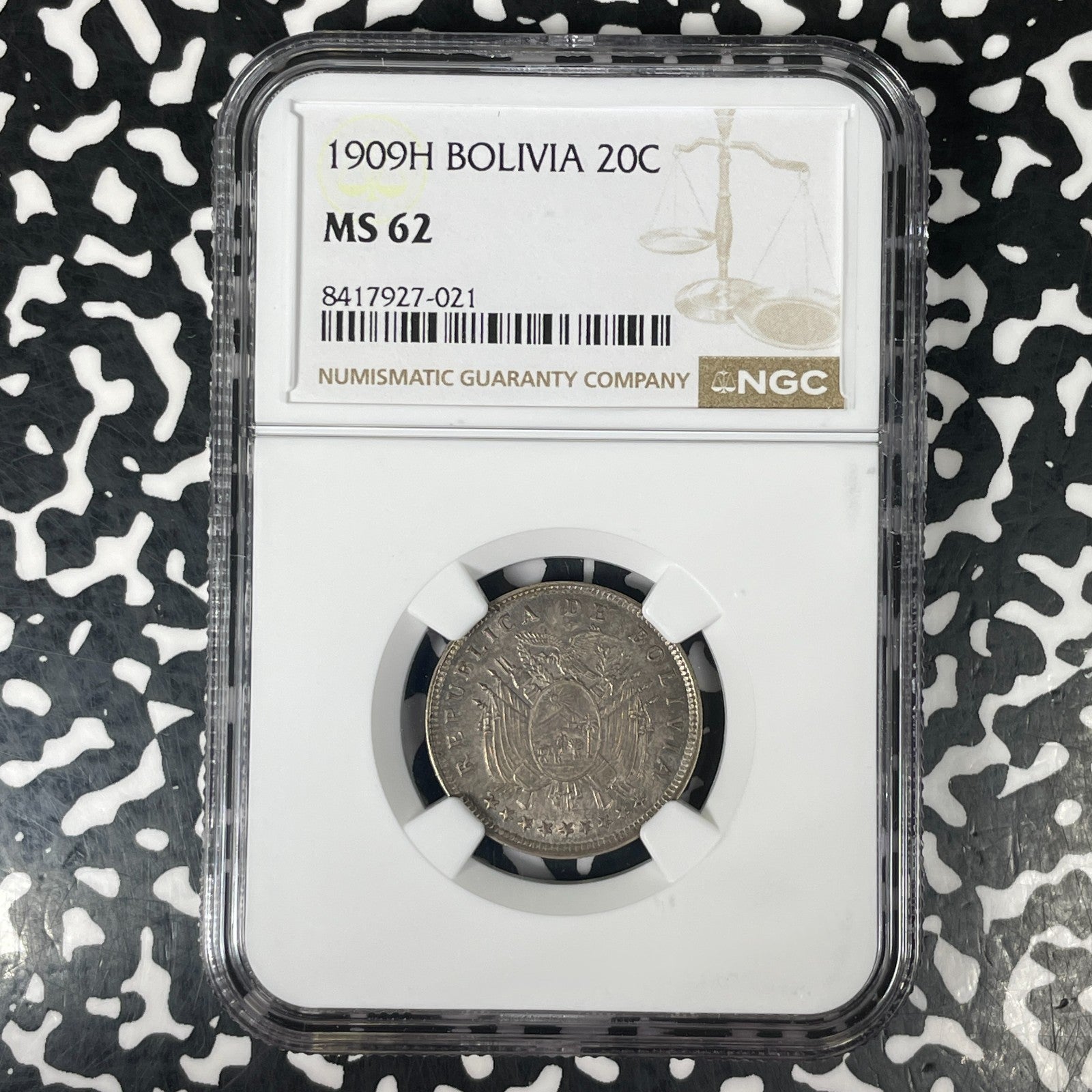 1909-H Bolivia 20 Centavos NGC MS62 Lot#G1535 Nice UNC!