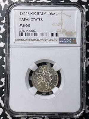 1864-R Papal States 10 Baiocchi NGC MS63 Lot#G9029 Silver! Choice UNC!