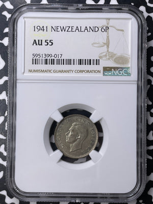 1941 New Zealand 6 Pence Sixpence NGC AU55 Lot#MK108 Silver!