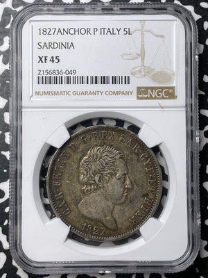 1827-P Italy Sardinia 5 Lire NGC XF45 Lot#G8546 Large Silver! Anchor