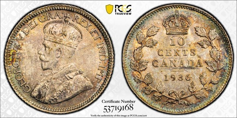 1936 Canada 10 Cents PCGS MS64 Lot#G3678 Silver! Choice UNC!