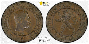 1860 Belgium 20 Centimes Pattern PCGS SP55 Lot#G9317 Top Graded! Dup-750