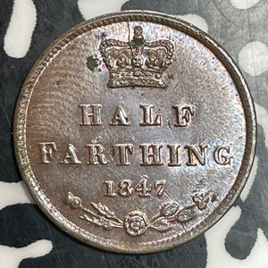 1847 Great Britain 1/2 Farthing Half Farthing Lot#T3595 Beautiful Detail, Spots