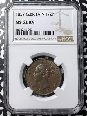 1857 Great Britain 1/2 Penny NGC MS62BN Lot#G7259 Nice UNC!