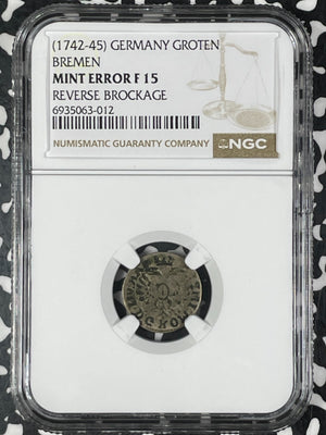 (1742-45) Germany Bremen 1 Groten NGC Rev. Brockage Error F15 Lot#G9990 Silver!