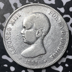 1891 Spain 5 Pesetas Lot#T2215 Large Silver Coin! Cleaned