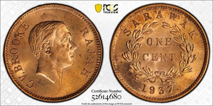 1937-H Sarawak 1 Cent PCGS MS65RD Lot#G717 Gem BU!