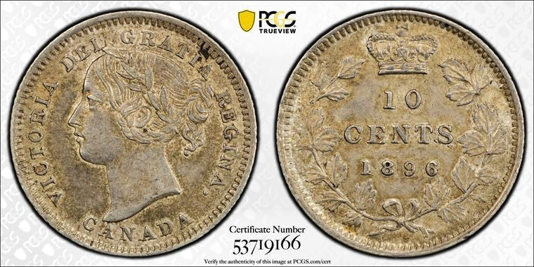 1896 Canada 10 Cents PCGS AU58 Lot#G3676 Silver!