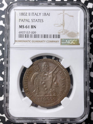 1802 Papal States 1 Baiocco NGC MS61BN Lot#G9024 Nice UNC!