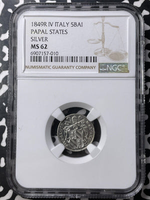 1849-R Papal States 5 Baiocchi NGC MS62 Lot#G9025 Silver! Nice UNC!