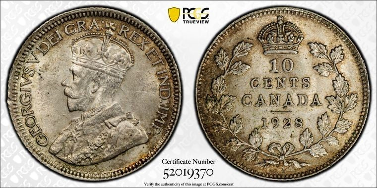 1928 Canada 10 Cents PCGS MS63 Lot#G1508 Silver! Choice UNC!
