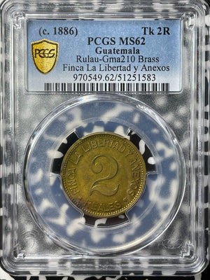 (c.1886) Guatemala 2 Reales Token PCGS MS62 Lot#G9173 Solo Top Graded! Brass