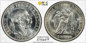 "1907"-KB UP Hungary Coronation 5 Korona PCGS MS66 Lot#G959 Silver! Restrike