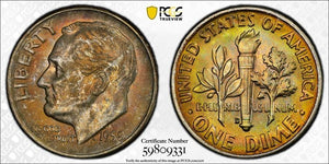 1958-D US 10 Cents Roosevelt Dime PCGS MS66FB Lot#G652 Silver! Beautiful Toning!