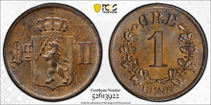 1902 Norway 1 Ore PCGS MS64BN Lot#G915 Choice UNC! Top Graded!