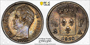 1828-A France 1/4 Franc PCGS MS62 Lot#G855 Silver! Nice UNC! Gad-353