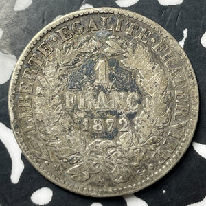 1872-A France 1 Franc Lot#E8099 Silver!