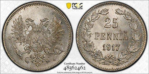 1917-S Finland 25 Pennia PCGS MS65 Lot#G9415 Silver! Gem BU!