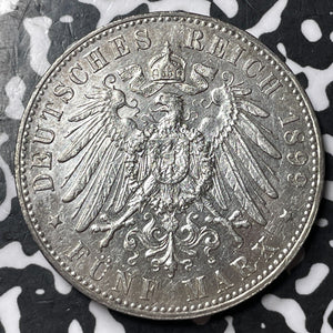 1899-J Germany Hamburg 5 Mark Lot#JM7077 Silver! High Grade! Beautiful!
