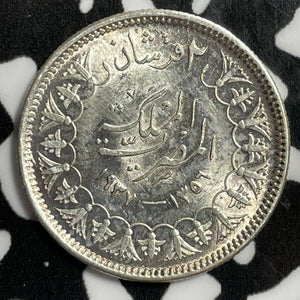 AH 1356 (1937) Egypt 2 Piastres Lot#E4211 Silver! High Grade! Beautiful!