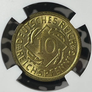 1930-E Germany 10 Pfennig NGC MS65 Lot#G274 Gem BU!