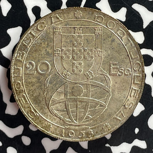 1953 Portugal 20 Escudos Lot#T7410 Silver! High Grade! Beautiful!