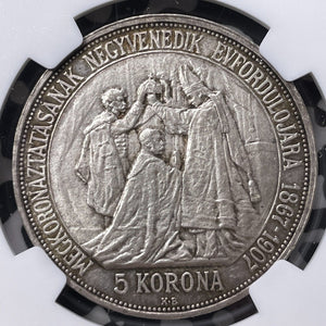 1907-KB Hungary 5 Corona NGC MS63 Lot#G8695 Silver! Choice UNC!