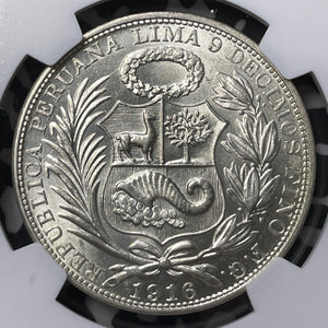 1916-FG Peru 1 Sol NGC MS62 Lot#G8425 Silver! Nice UNC! Raised 'Libertad'