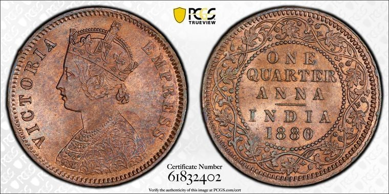 1880-C India 1/4 Anna PCGS MS65RB Lot#G3425 Gem BU! SW-6.494 Incuse 'C'