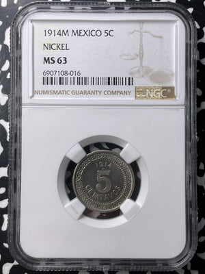 1914-M Mexico 5 Centavos NGC MS63 Lot#G9046 Choice UNC!