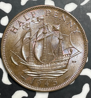 1945 Great Britain 1/2 Penny Half Penny Lot#T9056 High Grade! Beautiful!