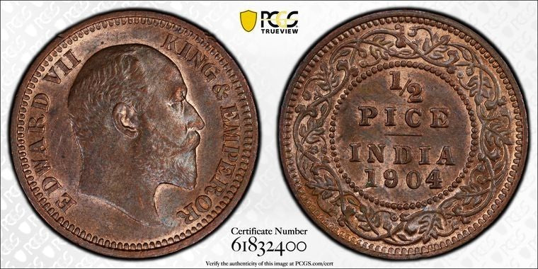 1904-(C) India 1/2 Pice PCGS MS63BN Lot#G3423 Choice UNC! SW#7.185