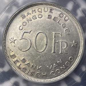 1944 Belgian Congo 50 Francs ICG MS61 Lot#MK95 Silver! Nice UNC! Elephant